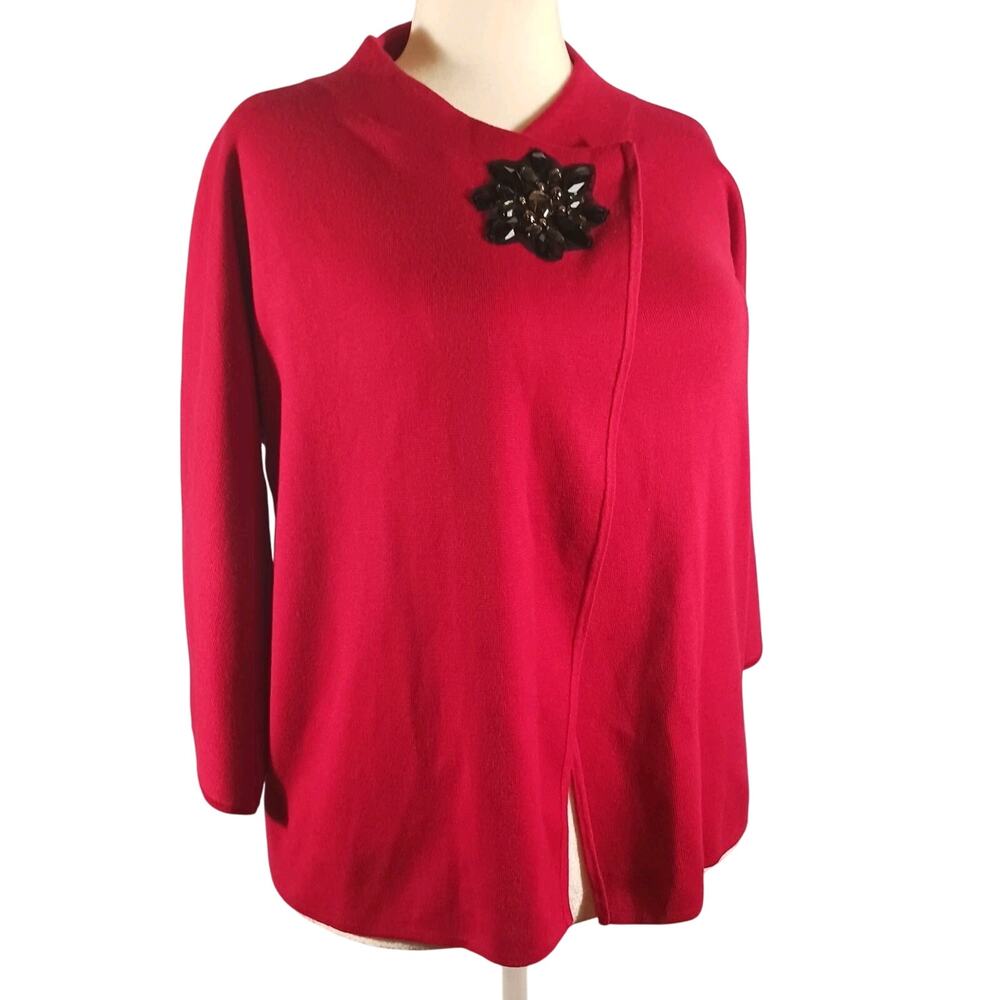 JM Collection Sweater Medium 3/4 Sleeve Wrap with Brooch Red Holiday NWT